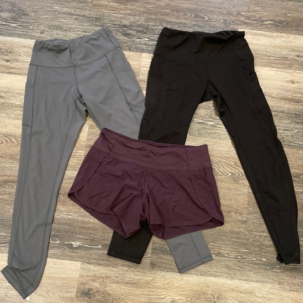 Lululemon shorts, gray and black leggings